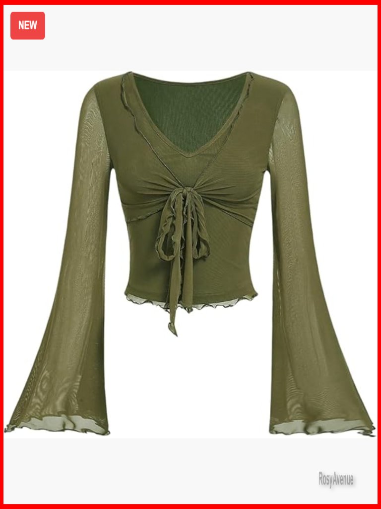 Bell Sleeve Tie Front Ruched Top Sheer Mesh Y2k